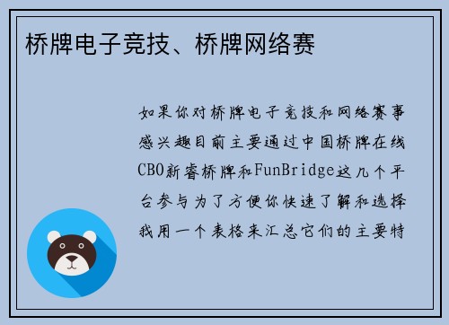 桥牌电子竞技、桥牌网络赛